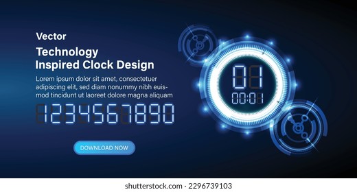 Diseño de reloj digital inspirado en la tecnología. Fondo de tecnología futurista con un concepto de reloj y una máquina del tiempo. Manos de reloj girables, con efecto visual dinámico. Vector.