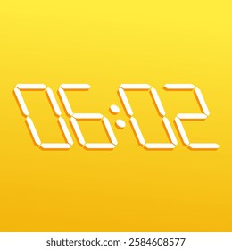 Technology-inspired digital timer symbol displaying 06:02 on a stylish electronic wristwatch against a yellow background.