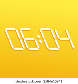 Technology-inspired digital timer symbol displaying 06:04 on a stylish electronic wristwatch against a yellow background.