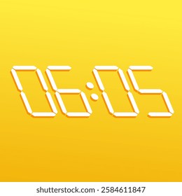 Technology-inspired digital timer symbol displaying 06:05 on a stylish electronic wristwatch against a yellow background.