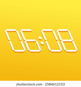 Technology-inspired digital timer symbol displaying 06:08 on a stylish electronic wristwatch against a yellow background.