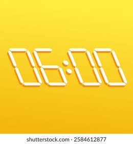 Technology-inspired digital timer symbol displaying 06:00 on a stylish electronic wristwatch against a yellow background.