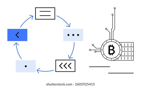 A technology-themed design depicting a cyclical process with arrows and various icons related to blockchain. On the right, a Bitcoin symbol with connected lines representing cryptocurrency