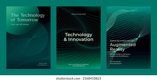 Technology-themed posters with abstract designs. Text highlights technology, innovation, and augmented reality. Futuristic and modern style. Environmental technology, green poster template vector set.