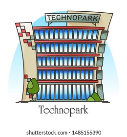 Technopark building or IT company office. Techno park or development, science and technology construction. E-business and technocity, software and hardware development. Facade and architecture,outdoor