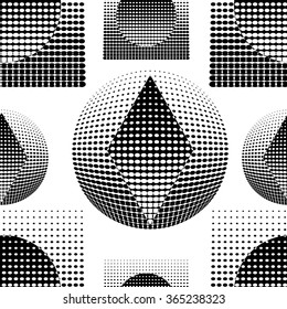 Techno-style black-and-white pattern with geometric shapes. Halftone elements. Vector seamless pattern.