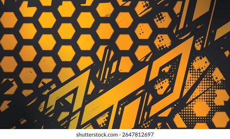 A techno-style vector background with a honeycomb pattern and orange-black grunge elements, perfect for modern, digital or futuristic tech designs.