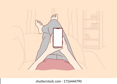 Techonology, mobile phone, network, communication concept. Human cartoon character lying on couch at home reading news or chatting in social media at watching at smartphone vector.