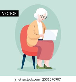 Mujer mayor experta en tecnología que usa la computadora, sentada en el sillón. Ilustración vectorial plana de los mayores que utilizan la tecnología, el envío de mensajes, la toma de Fotos y la recepción de correos electrónicos en el ordenador portátil.