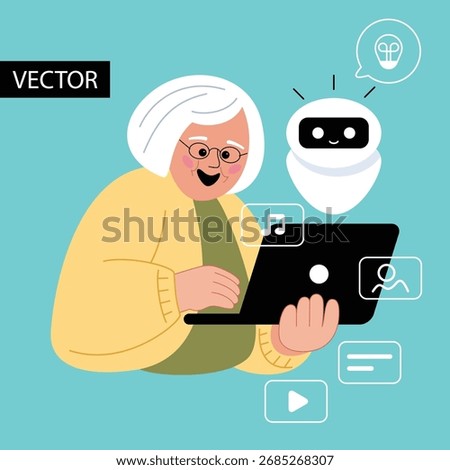 Tech-savvy elderly woman using generative artificial intelligence tools. AI text generator, generating video with robot, computer making images. Flat cartoon style, human interaction with ai concept