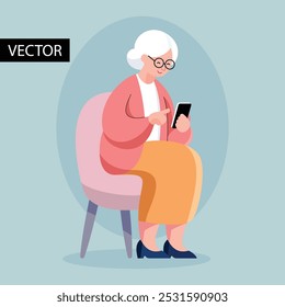 Mulher idosa com conhecimento tecnológico usando smartphone, sentada em poltrona. Ilustração de vetor plano de sênior usando tecnologia, enviando mensagens, tirando fotos e recebendo e-mails em smartphones.