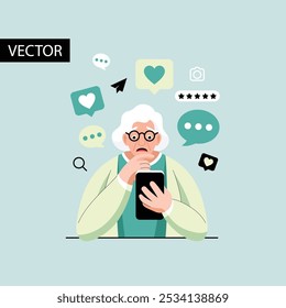 Technisch versierte ältere Frau, die ein Smartphone benutzt. Flache Vektorgrafik von Senioren, die Technologie verwenden, Nachrichten senden, Fotos machen und E-Mails auf Smartphones empfangen. Mit Technologie zu kämpfen.