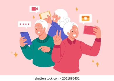 Tech-savvy elders using phones. Flat illustration of old people enjoying sending messages, taking photos and video calling on smartphones