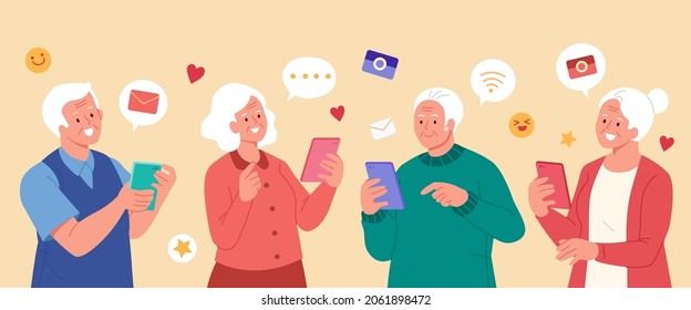 Tech-savvy Elders Using Phones. Flat Illustration Of Old People Enjoying Sending Messages, Taking Photos And Receiving Emails On Smartphones