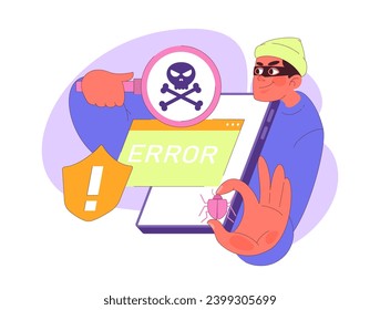 A tech-savvy individual confronts a dangerous skull symbol, representing the pervasive threat of malware, while a shield warns of system vulnerability. Vector flat illustration.