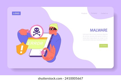 A tech-savvy individual confronts a dangerous skull symbol, representing the pervasive threat of malware, while a shield warns of system vulnerability. Vector flat illustration.