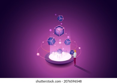 Tech-savvy users three dimensional blockchain future technology. isometric vector illustration.