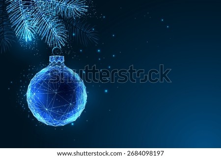 Tech-style low poly ornament hanging from glowing fir branches. Futuristic digital vector illustration for holiday cards, greetings, banners, and New Year campaigns with modern, minimal design.