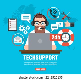 Techsupport concept. Operator call center, customer service modern design flat banner. Vector illustration