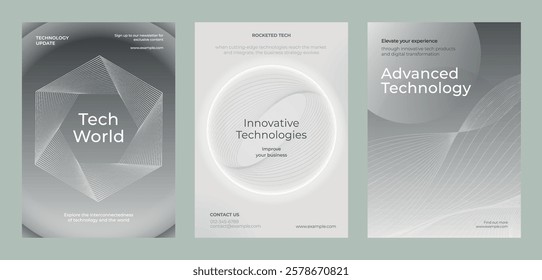 Tech-themed posters with abstract designs. Features phrases like 'Tech World' and 'Innovative Technologies' in grayscale. Modern and sleek technology visuals. Advanced technology gray template vector.