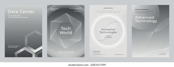 Tech-themed posters with abstract designs. Features terms like 'Data Center', 'Tech World', 'Innovative Technologies', and 'Advanced Technology'. Advanced technology gray template vector set.