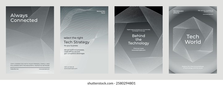 Tech-themed posters with abstract geometric designs. Modern tech style, grayscale color scheme. Ideal for tech events, tech businesses, tech promotions. Advanced technology gray template vector set.