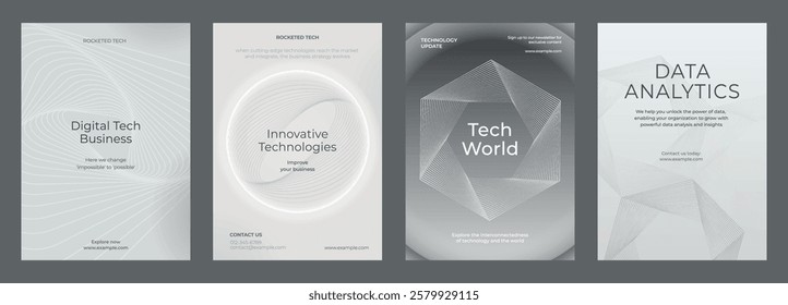 Tech-themed posters featuring abstract geometric designs. Highlighting digital tech, innovative technologies, and data analytics. Modern tech style. Advanced technology gray template vector set.