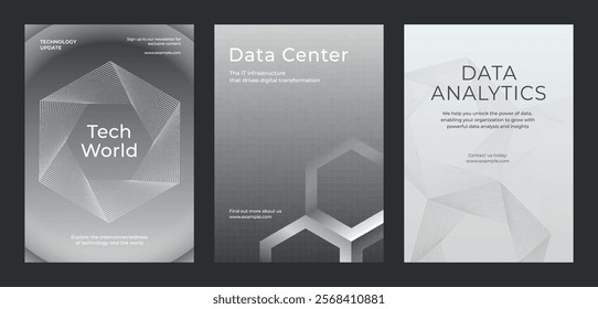 Tech-themed posters. Keywords: technology, data, analytics. Grayscale design with geometric patterns. Ideal for tech events, data centers, analytics. Advanced technology gray template vector set.