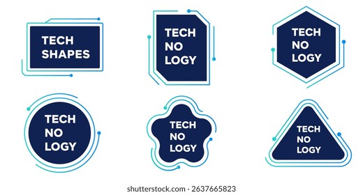 Techthemed shapes square, rectangle, hexagon, circle, star, triangle each features Tech No Logy or Tech Shapes text, modern design.