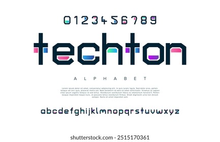 Techton creative modern geometric urban alphabet font. Digital abstract futuristic, game, techno, robot, music, logo, sport, minimal technology typography. Simple numeric vector illustration