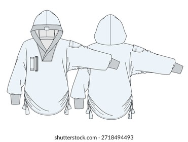 Techwear Hoodies technische flache Zeichnung Vektor Mockup Illustration.