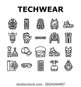 techwear style urban icons set vector. futuristic minimalist functional, tactical, waterproof breathable layering cyberpunk techwear style urban black contour illustrations