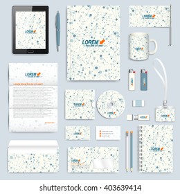 Tecnology set of vector corporate identity template. Modern branding stationery mock-up. Molecule and communication background. Connected lines with dots. Science, medicine or technology design.