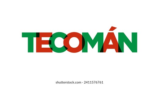 Tecoman in the Mexico emblem for print and web. Design features geometric style, vector illustration with bold typography in modern font. Graphic slogan lettering isolated on white background.