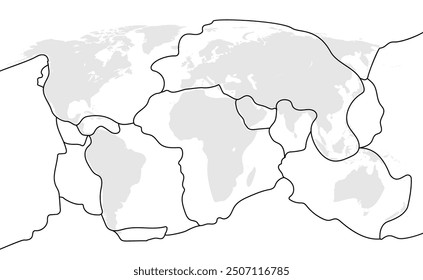 Tectonic plate earth map. Continental ocean pacific, volcano lithosphere geography plates.