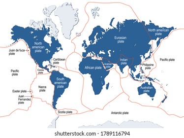 Tectonic plate. Earth's lithosphere. scientific theory. world map with major an minor plates. Vector illustration. 