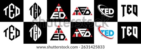 TED letter logo design in six style. TED polygon, circle, triangle, hexagon, flat and simple style with black and white color variation letter logo set in one artboard. TED minimalist and classic logo