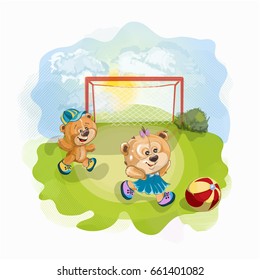 Tedders are playing football, at the stadium. Vector illustration.