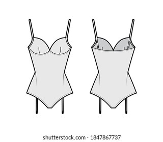 Teddiette gartered bodysuit technical fashion illustration with molded cup, adjustable shoulder straps. Flat one-piece apparel template front, back grey color. Women men unisex underwear CAD mockup