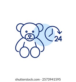 Teddy bear and 24 hours clock. Always available children support, care and medical assistance. Pixel perfect, editable stroke icon