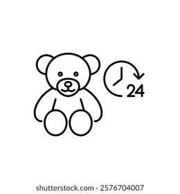 Teddy bear and 24 hours clock. Always available children support, care and medical assistance. Pixel perfect vector icon