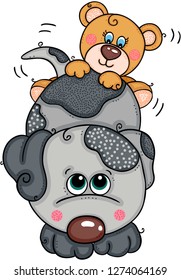 Teddy bear above cute grey dog