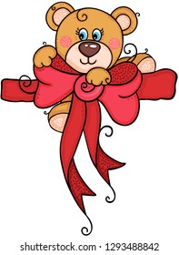 Teddy bear above red bow ribbon