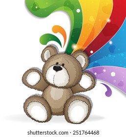 Teddy bear with abstract rainbow on a white background