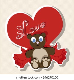 teddy bear accompanied by a giant red heart surrounded by roses, on a background of small dots brown color.