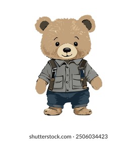 Teddy bear. Adorable plush. Cartoon bear. Kids illustration. Toy bear
with casual outfit. Bear with suspenders. 
Children’s character. Stuffed animal drawing