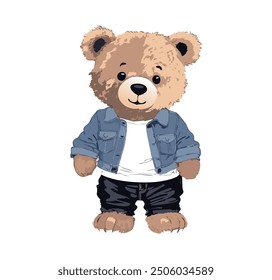 Oso de peluche. Adorable peluche. Oso de dibujos animados. Ilustración para niños. Oso de juguete con traje casual. Oso con tirantes.  Carácter infantil. Dibujo de animales de peluche