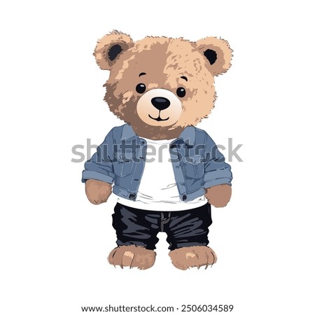 Teddy bear. Adorable plush. Cartoon bear. Kids illustration. Toy bear with casual outfit. Bear with suspenders.  Children’s character. Stuffed animal drawing