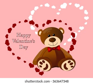 Teddy bear against hearts on St. Valentine's Day