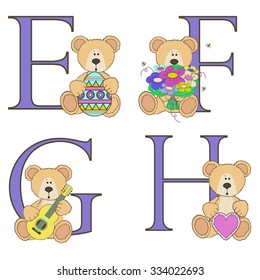 Teddy bear alphabet a b c d with illustrations
